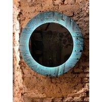 Altholz Spiegel Rund Badspiegel Treibholz Rustikal Mit Beleuchtung Türkis Blau von FlamedinteriorMunich