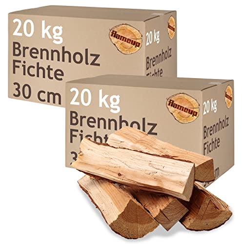 Brennholz Fichte Kaminholz 5-500 kg Holz 30 cm Für Ofen und Kamin Kaminofen Feuerschale Grill Feuerholz Holzscheite Wood Kammergetrocknet Flameup, Menge:40 kg von Flameup