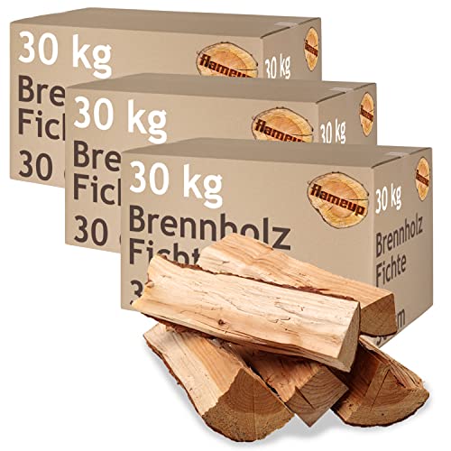 Brennholz Fichte Kaminholz 5-500 kg Holz 30 cm Für Ofen und Kamin Kaminofen Feuerschale Grill Feuerholz Holzscheite Wood Kammergetrocknet Flameup, Menge:90 kg von Flameup