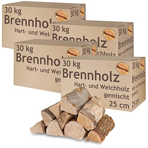 Brennholz Gemischt Kaminholz 5-500 kg Buche Eiche Birke Kiefer Fichte Holz Für Ofen und Kamin Kaminofen Feuerschale Grill Feuerholz 25 cm Wood Kammergetrocknet Flameup, Menge:120 kg von Flameup