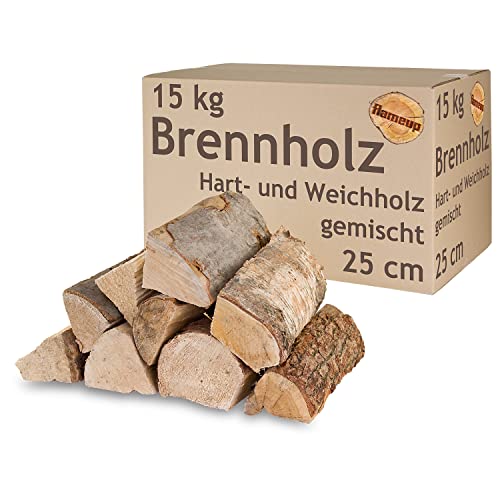 Brennholz Gemischt Kaminholz 5-500 kg Buche Eiche Birke Kiefer Fichte Holz Für Ofen und Kamin Kaminofen Feuerschale Grill Feuerholz 25 cm Wood Kammergetrocknet Flameup, Menge:15 kg von Flameup