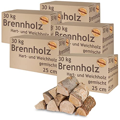 Brennholz Gemischt Kaminholz 5-500 kg Buche Eiche Birke Kiefer Fichte Holz Für Ofen und Kamin Kaminofen Feuerschale Grill Feuerholz 25 cm Wood Kammergetrocknet Flameup, Menge:150 kg von Flameup