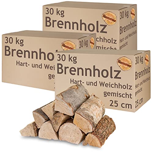 Brennholz Gemischt Kaminholz 5-500 kg Buche Eiche Birke Kiefer Fichte Holz Für Ofen und Kamin Kaminofen Feuerschale Grill Feuerholz 25 cm Wood Kammergetrocknet Flameup, Menge:90 kg von Flameup