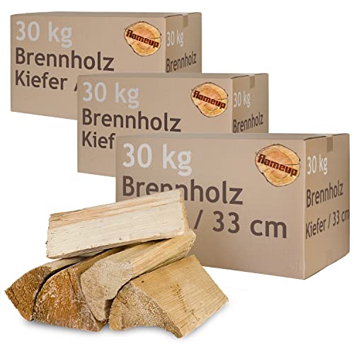 Kiefer Brennholz Kaminholz Holz 5-500 kg Für Ofen und Kamin Kaminofen Feuerschale Grill Feuerholz Holzscheite Wood 33 cm kammergetrocknet Flameup, Menge:90 kg von Flameup