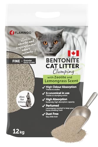 Flamingo Katzenstreu - katzenstreu klumpstreu - Zitronengras-Duft - 12L (12KG) für 10 Wochen - Herkunft Kanada - grüner Zeolith für ultraschnelle Geruchskontrolle - Ideal für 1 oder mehrere Katzen von Flamingo