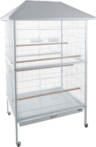 Flamingo Vogelkäfig – Voliere Vögel – Valka Weiß – 107×88,5×170 cm – Metall pulverbeschichtet, 4 Sitzstangen, 4 Näpfe, Schiebetüren, Metall-Schublade, Rollen von Flamingo