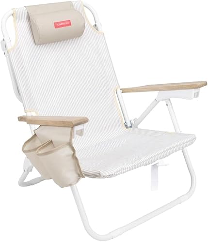 Flamingueo Strandstuhl, Gepolsterte Kopf- und Armlöcher, 5-Fach liegend, Fußstütze und Armlehnen Komfort, Tragegriffe Rucksack Einfacher Transport, 59 x 62,5 x 77,5 cm von Flamingueo