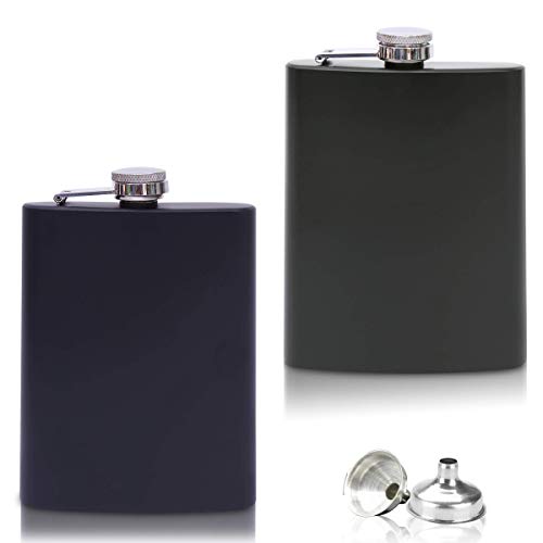 2x Edelstahl Flachmann mit Trichter im Set - 8oz. 227 ml - rostfrei - in Matt-Schwarz und Matt-Grün - edles Militär Design - für Schnaps und Alkohol jeder Art (2er Set) von Flanacom
