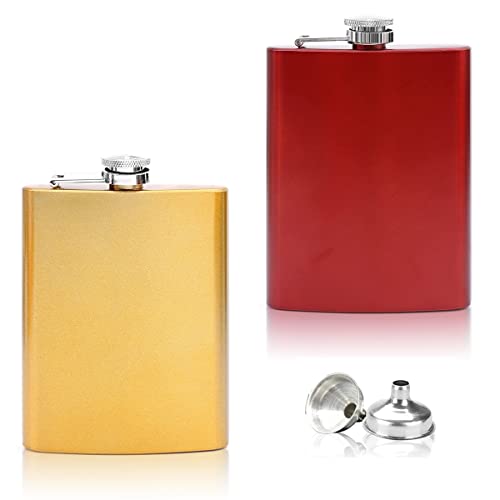 2x Edelstahl Flachmann mit Trichter im Set - 8oz. 227 ml - rostfrei - in Matt Gold & Rot - edles Militär Design - für Schnaps und Alkohol jeder Art (2er Set Gold & Rot) von Flanacom