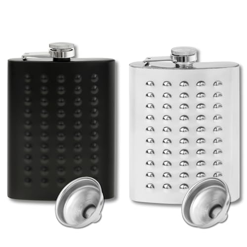 2x Edelstahl Flachmann mit Trichter im Set - 8oz. 227 ml - rostfrei - in Matt-Schwarz und Matt-Grün - edles Militär Design - für Schnaps und Alkohol jeder Art (2er Set Schwarz & Silber) von Flanacom