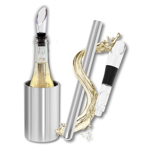 Edelstahl Weinkühler Set • Kühlstab Weinflasche + Flaschenkühler Set • Geschenk für Weinliebhaber • Weinkühler Stab inkl. Ausgießer und Belüfter + Sektkühler • Weinkühler & Sektkühler • Weinkühlstab von Flanacom