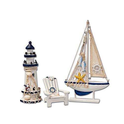 Flanacom Badezimmer Deko - 3er Set - Maritime Badezimmer Deko - Leuchtturm, Segel-Schiff und Strand-Stuhl aus Holz - Badaccessoires - Schöne Deko für das Bad - Design 1 von Flanacom