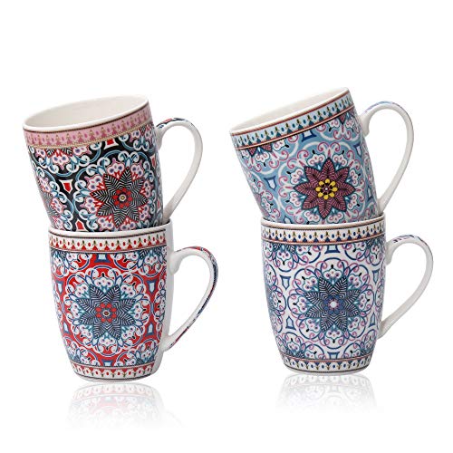 Flanacom Premium Kaffeetassen 4-er Set Orientalisches Design - Große Marokkanische Keramik Kaffee-Becher ca. 300-ml - Hochwertige Boho Tee-Tassen - Kaffeetassen-Set - Geschenk Frauen (Design 6 Sterne) von Flanacom