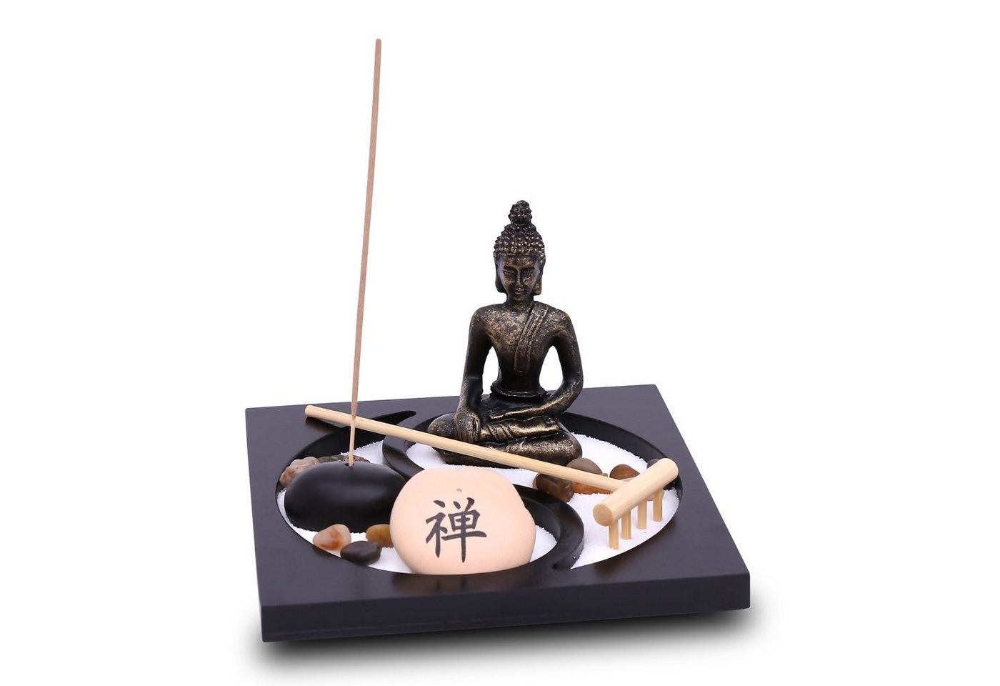 Flanacom Buddhafigur Zen Garten Buddha Figur - Räucherstäbchenhalter (Set, Buddha Statue, 3 Räucherstäbchen, Sand, Harke, Glückssteine), Naturholz Esotherik Set von Flanacom