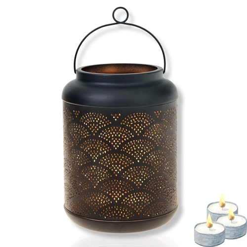 Flanacom Deko Windlicht Laterne Groß 20 cm Schwarz Gold Orientalische Lampe Marokkanische Teelichthalter aus Metall als Dekoration Geschenk zum Einzug von Flanacom