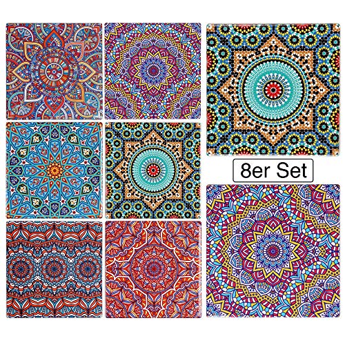 Flanacom Design Untersetzer 8er Set – Dekorative Keramik Untersetzer für Glas, Tassen, Vasen, Kerzen und Töpfe auf ihrem Esstisch - Orientalisches Design (8er Set Eckig) von Flanacom