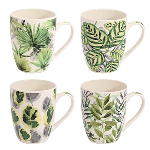 Flanacom Premium Kaffeetassen 4-er Set Florales Design - Große Keramik Kaffee-Becher ca. 300-ml - bunte Tee-Tassen Henkeltassen - Geschenk für Frauen - Kaffeetassen-Set 4-teilig (Green Leaves) von Flanacom