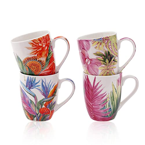 Flanacom Premium Kaffeetassen 4-er Set Florales Design - Große Keramik Kaffee-Becher ca. 300-ml - bunte Tee-Tassen Henkeltassen - Geschenk für Frauen - Kaffeetassen-Set 4-teilig (Multi Leaves) von Flanacom