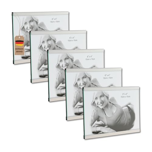 Flanacom Hochwertiger Bilderrahmen Silber 10x15 cm aus Aluminium Fotorahmen Postkartenformat (Quer Schmal 5er Set) von Flanacom