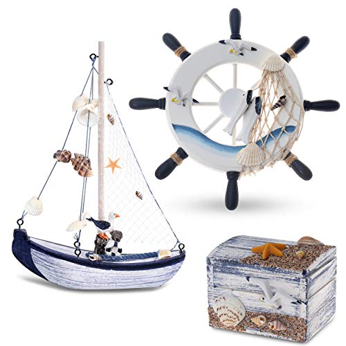 Flanacom Maritime Badezimmer Deko 3er Set - Steuer-Rad, Segel-Schiff und Schatz-Truhe aus Holz - liebevoll gestaltete Badaccessoires mit Details (Design 2-1) von Flanacom