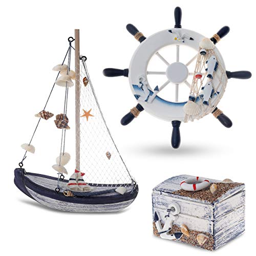 Flanacom Maritime Badezimmer Deko 3er Set - Steuer-Rad, Segel-Schiff und Schatz-Truhe aus Holz - liebevoll gestaltete Badaccessoires mit Details (Design 2-2) von Flanacom