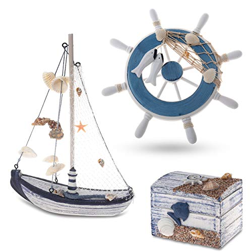 Flanacom Maritime Badezimmer Deko 3er Set - Steuer-Rad, Segel-Schiff und Schatz-Truhe aus Holz - liebevoll gestaltete Badaccessoires mit Details (Design 2-3) von Flanacom