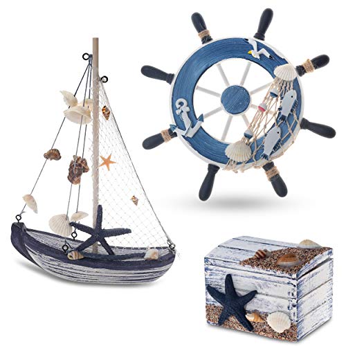 Flanacom Maritime Badezimmer Deko 3er Set - Steuer-Rad, Segel-Schiff und Schatz-Truhe aus Holz - liebevoll gestaltete Badaccessoires mit Details (Design 2-4) von Flanacom