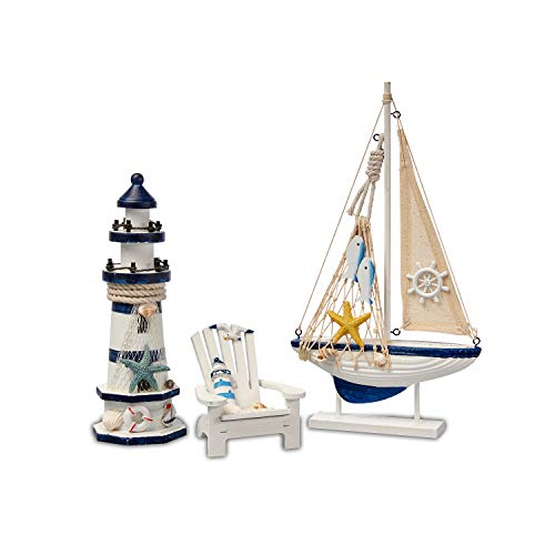 Flanacom Badezimmer Deko - 3er Set - Maritime Badezimmer Deko - Leuchtturm, Segel-Schiff und Strand-Stuhl aus Holz - Badaccessoires - Schöne Deko für das Bad - Design 2 von Flanacom