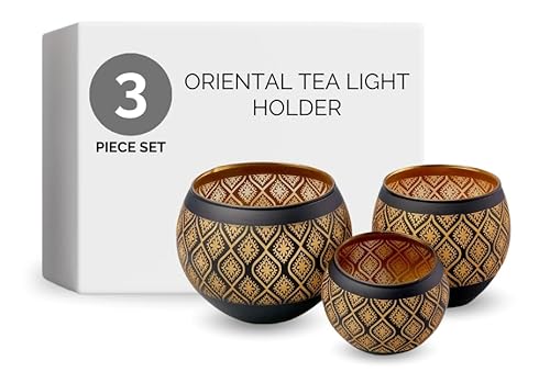 Flanacom Premium Windlicht - 3-er Set - Schwarz Gold - Teelichtgläser Windlicht - Orientalisches Teelicht - Marokkanische Teelichthalter - Robuster Lichtspender - Modernes, Zeitloses Design von Flanacom