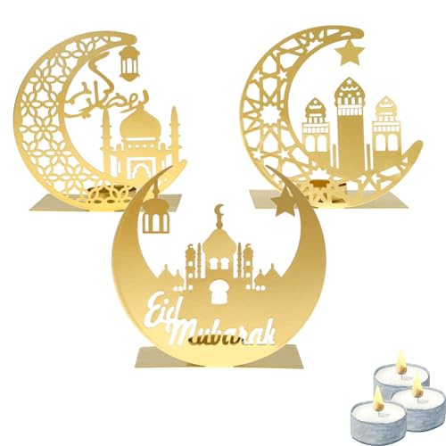 Flanacom Ramadan Kareem Dekoration Gold Eid Mubarak Tischdeko Orientalische Deko Teelichthalter 15 x 15 cm für Kerzen, Hochzeit, Weihnachten, Balkon, Garten (3er Set) von Flanacom