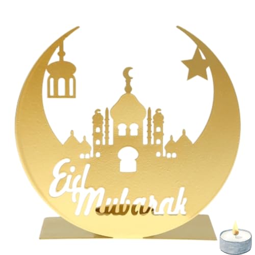 Flanacom Ramadan Kareem Dekoration Gold Eid Mubarak Tischdeko Orientalische Deko Teelichthalter 15 x 15 cm für Kerzen, Hochzeit, Weihnachten, Balkon, Garten (Eid) von Flanacom