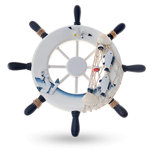 Flanacom Steuerrad Wand-Deko aus Holz in verschieden Designs - Schiff-Rad Lenk-Rad - Maritime Badezimmer Deko - liebevoll gestaltete Bad-Accessoires mit vielen Details (Weiß Anker) von Flanacom