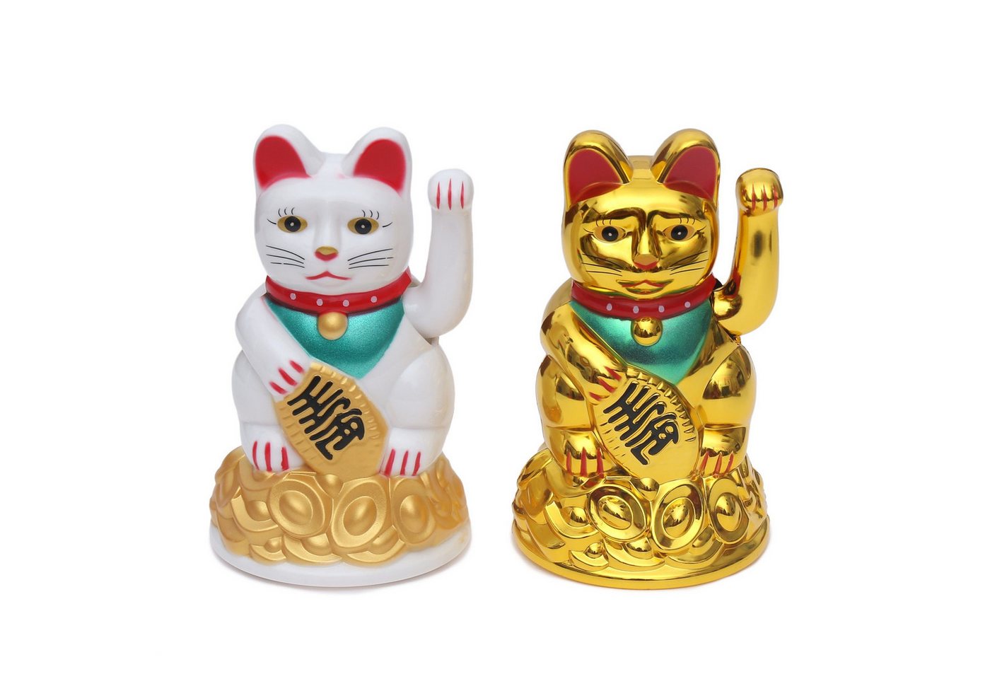 Flanacom Winkekatze Winkende Japanische Glückskatze - Glücksbringer (2-er Set), Gold und Weiß, batteriebetrieben von Flanacom