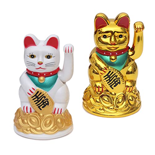 Winkekatze 2er Set - Winkende Japanische Glückskatze - Wackelfigur Glücksbringer Büro Schreibtisch - lustige Scherzartikel - Abschiedsgeschenk Kollege - Wichtel-Geschenk (Gold & Weiß) von Flanacom