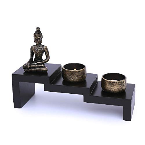 Flanacom Zen Garten mit Buddha Figur - Japanischer Miniatur Garten - Feng Shui Kerzenhalter - Esotherik Set mit 2 Teelichtern - Glücksbringer aus dem Buddhismus und Daoismus (als Teelichthalter) von Flanacom