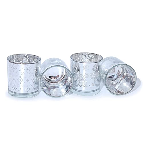 Teelicht-Gläser Set aus Glas inkl. Teelichter - Kleine edle Teelicht Kerzen-Halter mit Verzierungen - Windlichter Kerzenglas - Geschenk Dekoration Hochzeit, Geburtstag, Weihnachten (Silber 4er Set #2) von Flanacom