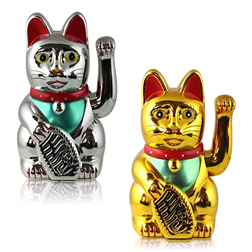 Winkekatze 2er Set Gold und Silber - Winkende Japanische Glückskatze - Wackelfigur Glücksbringer Büro Schreibtisch - Scherzartikel - Abschiedsgeschenk Kollege - Wichtel-Geschenk (Gold & Silber) von Flanacom