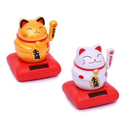 Winkekatze 2er Set Solar - Winkende Japanische Glückskatze - Wackelfigur Glücksbringer Büro Schreibtisch - lustige Scherzartikel - Abschiedsgeschenk Kollege - Wichtel-Geschenk (Gold & Weiß Solar) von Flanacom