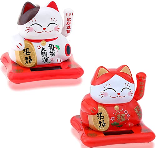 Flanacom Winkekatze - Winkende Japanische Glückskatze - Wackelfigur Glücksbringer Büro Schreibtisch - lustige Scherzartikel - Abschiedsgeschenk Kollege - Wichtel-Geschenk (Weiß & Rot Solar) von Flanacom