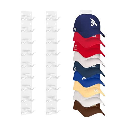 2 Stück Selbstklebende Cap Halter, Kappenhalter für bis zu 18 Hüte, Cap Halterung Wand Ohne Bohren, Huthalter mit Starkem Klebstoff, Basecap Halterung für Zimmer Kleiderschrank Tür Wand (Weiß) von Flanliy