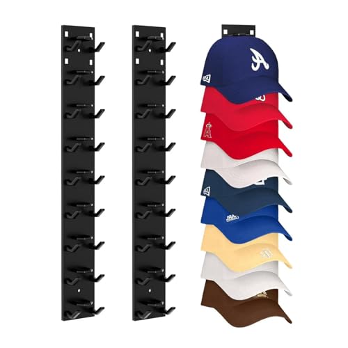 2 Stück Selbstklebende Cap Halter, Kappenhalter für bis zu 18 Hüte, Cap Halterung Wand Ohne Bohren, Huthalter mit Starkem Klebstoff, Basecap Halterung für Zimmer Kleiderschrank Tür Wand (Schwarz) von Flanliy