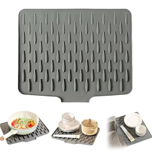 Abtropfmatte, Hitzebeständig Abtropfmatte Geschirr, 40 x 32.5 cm Rutschfest Abtropfmatte Silikon mit Geneigte Fläche und Rillenstruktur, Silikonmatte Wasserumleitung für Küche (Grau, Groß) von Flanliy