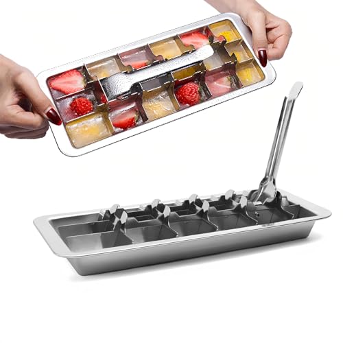 Eiswürfelform Edelstahl, Eiswürfelbehälter mit Henkel Müheloses Entnehmen, 18 Schlitzen Eiswürfelform Metall, Wiederverwendbare Edelstahl Eiswürfelform für DIY Verschiedener Eiswürfel (A) von Flanliy