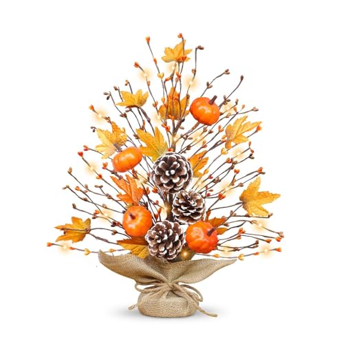 Herbstdeko Ahornblatt Baum mit LED Licht, Herbstdeko Tisch LED Baum mit Ahornblatt, Kürbis, Tannenzapfen, 45cm Herbst Lichterbaum mit Jute-Basis für Herbst Tischdeko, Erntedankfest Party Deko (x1) von Flanliy