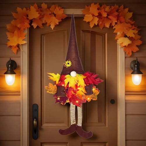 Türkranz Herbst Wichtel mit LED Licht, 70 cm Herbstdeko Wichtel Türkranz mit Lichterkette, Herbst Deko Aesthetic Türkranz mit Herbstblätter, Hängende Herbst Deko Wichtel Kranz für Haustür & Wand (A) von Flanliy