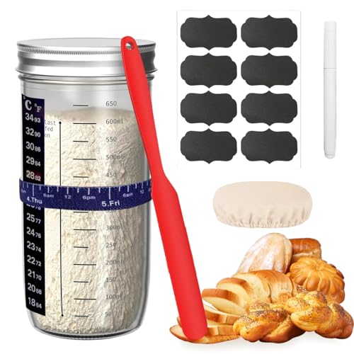Sauerteig Starter Set,730ml Sauerteig Glas mit Sauerteig Zubehör, Silikon-Spatel, Thermometerpapier, Cloth Cover, Metall-Deckel,8 Etiketten,Stift,Sauerteigbehälter für Fermentieren (A) von Flanliy
