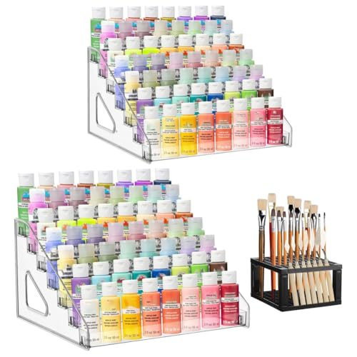 Flaroey 2 Transparente Farbaufbewahrungsboxen mit Pinselhalter, Aufbewahrungsregal für 7 Bastelfarben, Miniatur-Farbregal Zur Farbaufbewahrung von Flaroey