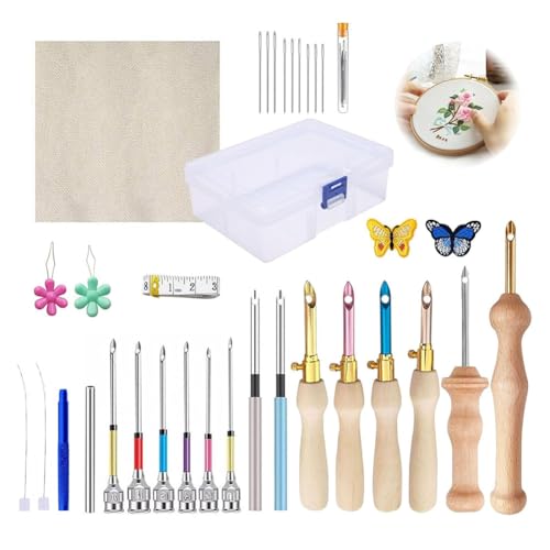 Flaroey 35-Teiliges Punch-Needle-Set, Punch-Needle-Werkzeug, Verstellbare Punch-Needle-Sticksets, Nähkunst-Nadelwerkzeug für Anfänger von Flaroey