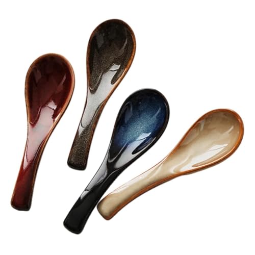 Flaroey 4-teiliges Löffel, japanischer Stil, Lamian-Nudel-Löffel-Set, blauer Keramiklöffel, Retro-Porzellanlöffel von Flaroey