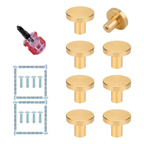 Flaroey Goldene Schrankknöpfe - 8 Stück Runde Griffe Aus Gebürstetem Messing für Küche, Kommode, Schrank, Kleiderschrank, Möbel von Flaroey